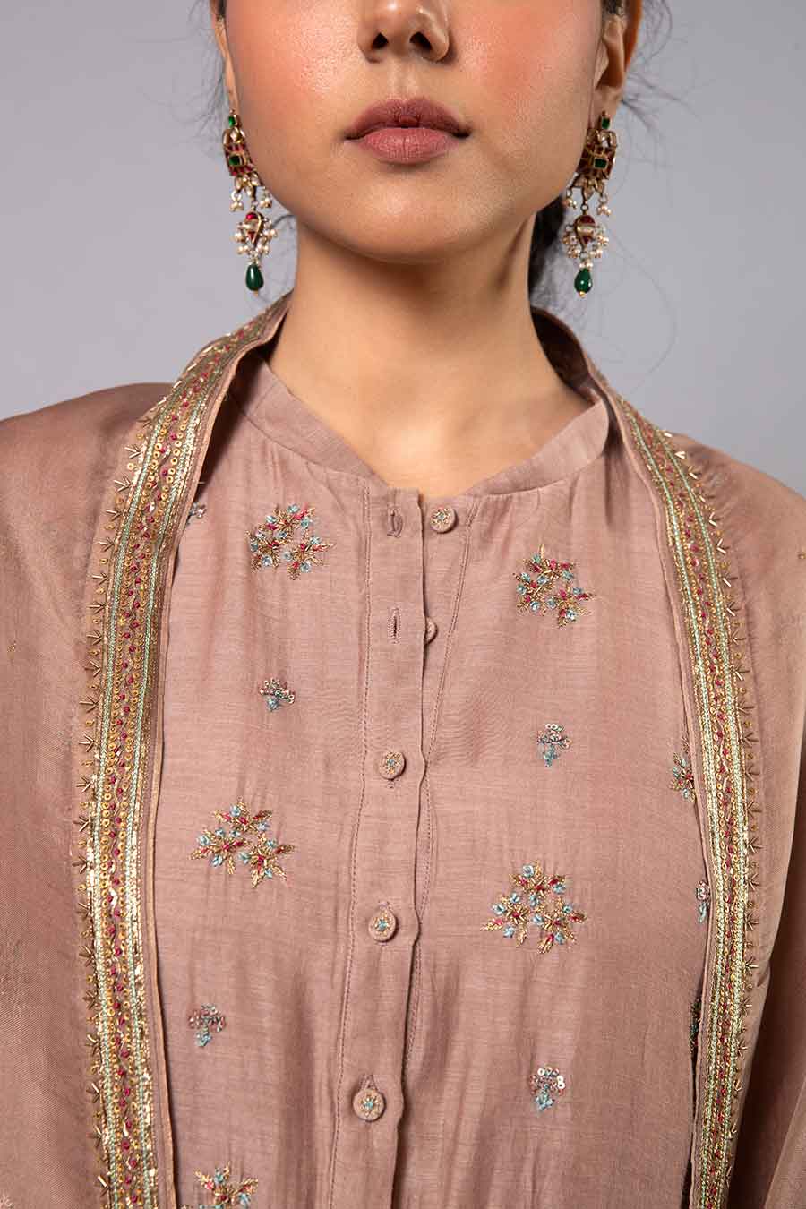 Brown Embroidered Chanderi Kurta Set