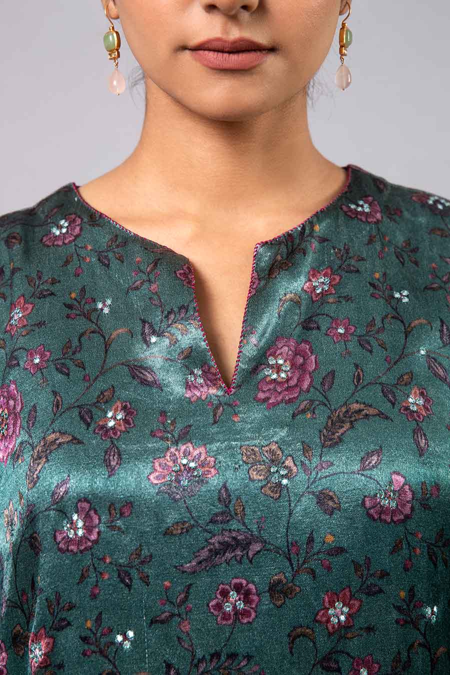 Green Floral Print Kurta Set