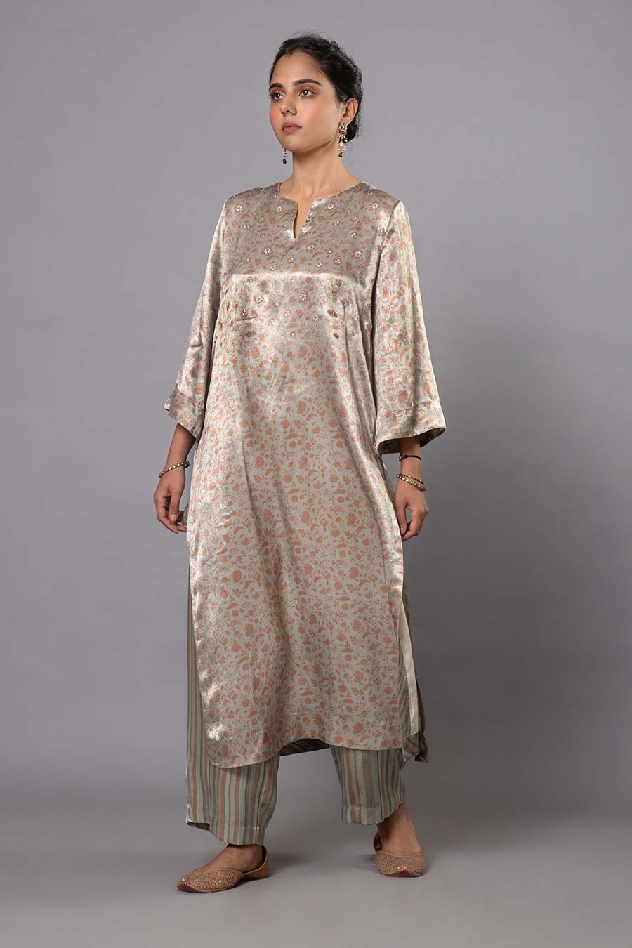 Grey Floral Print Kurta Set