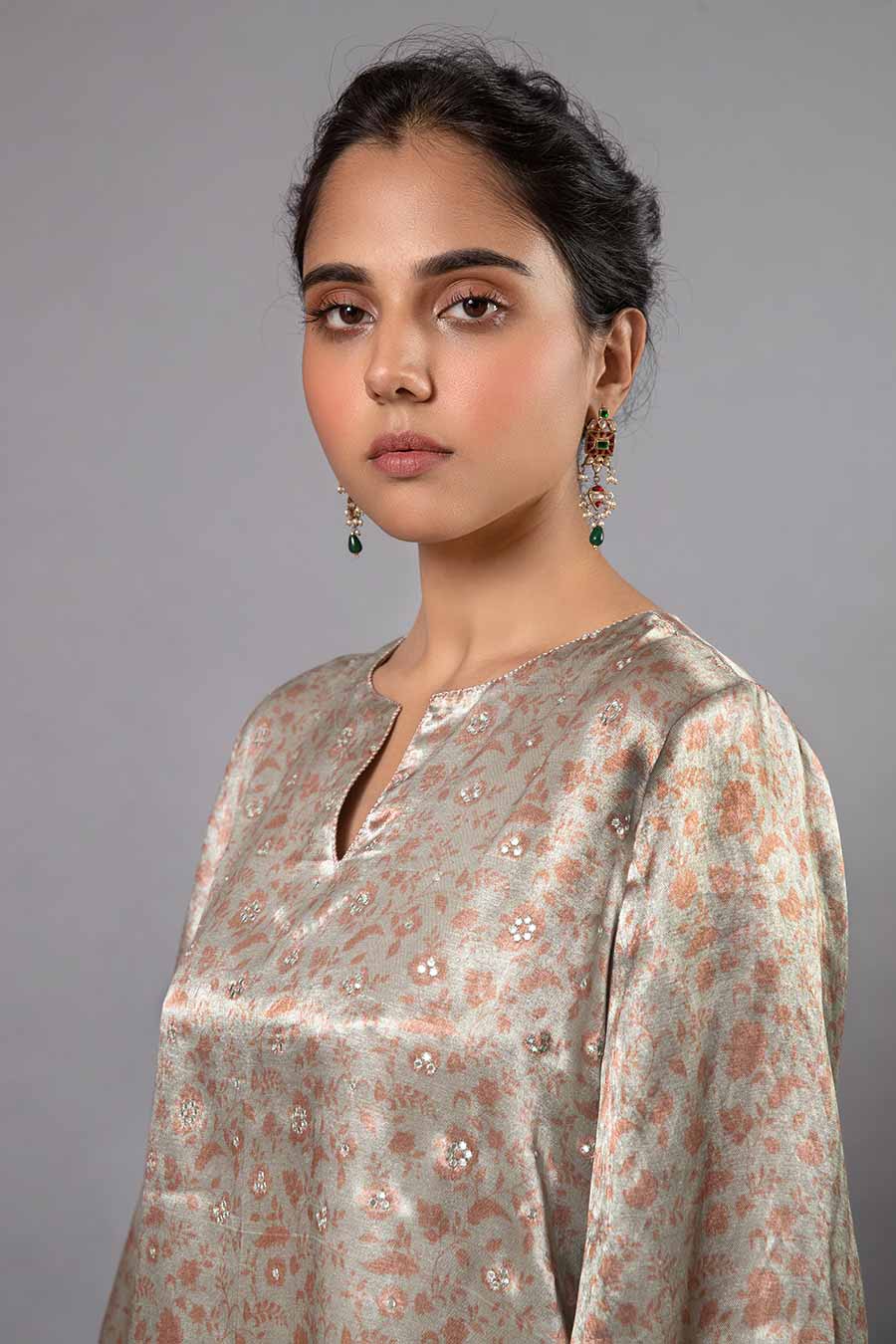 Grey Floral Print Kurta Set