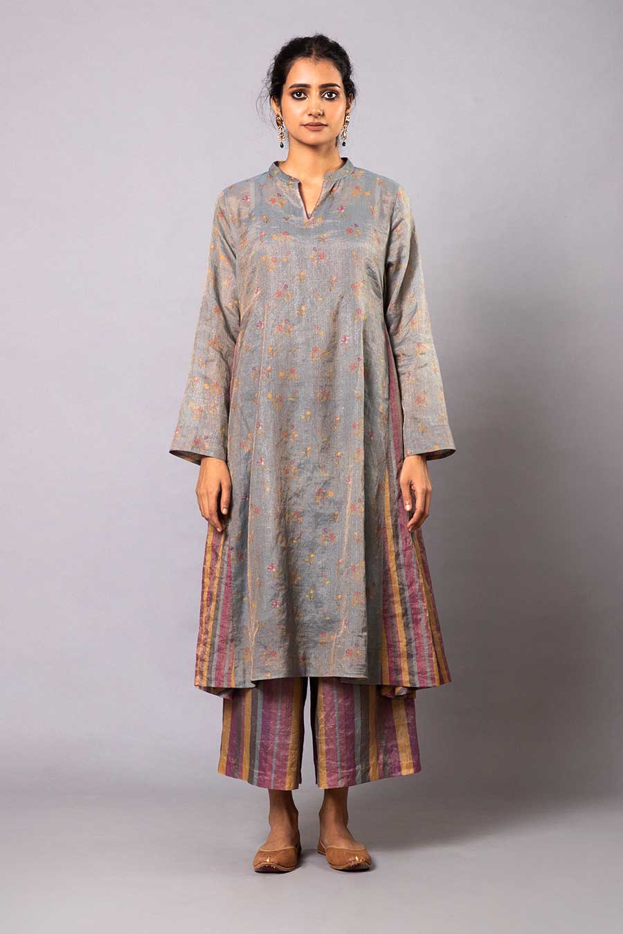 Grey Printed Chanderi Kurta Set