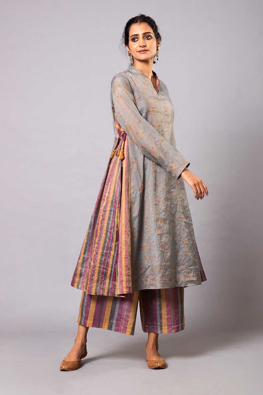 Grey Printed Chanderi Kurta Set