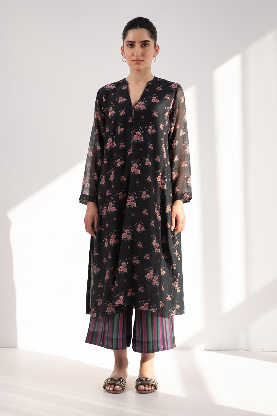 Black Floral Print Kurta Set