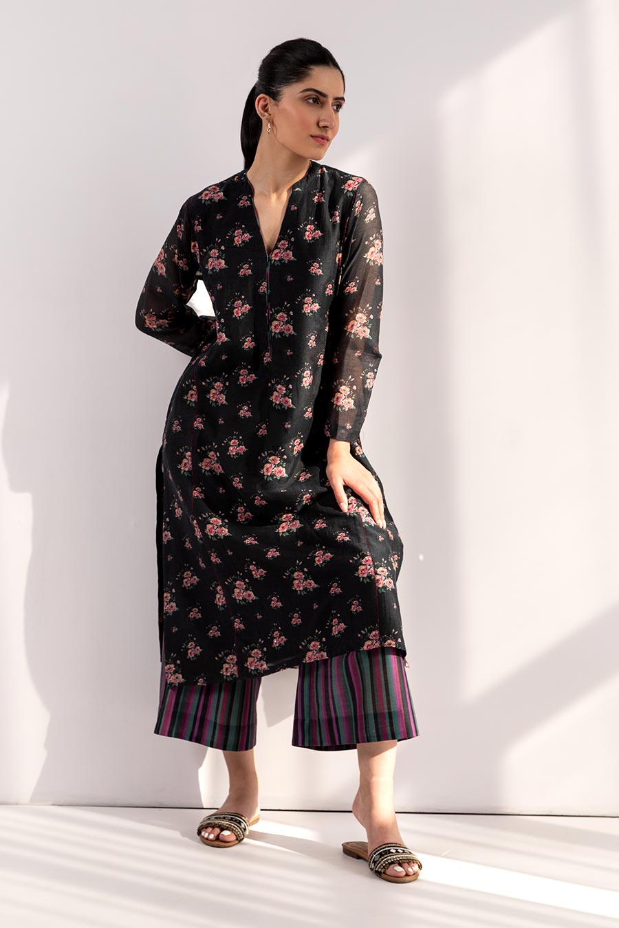 Black Floral Print Kurta Set