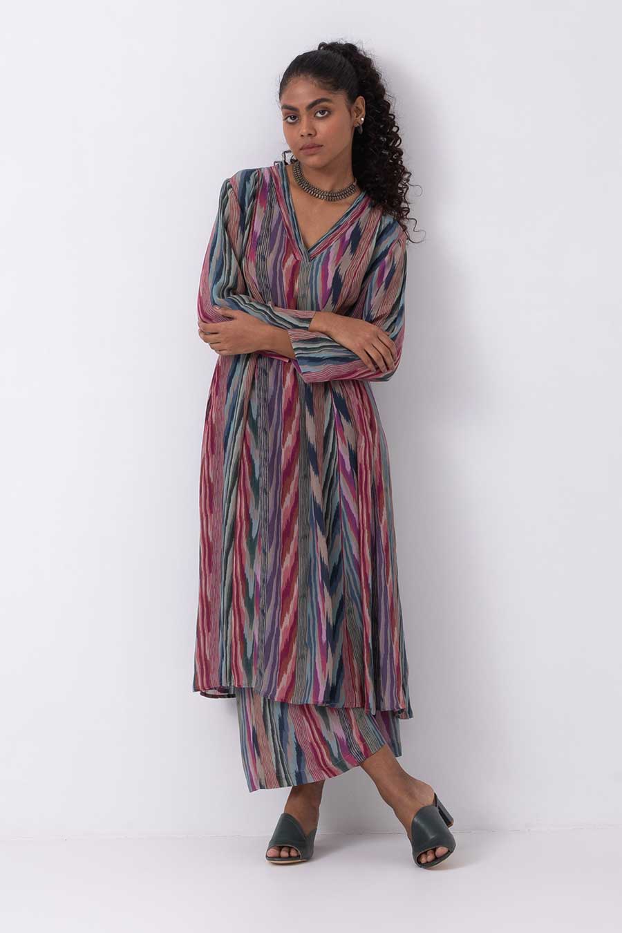 Multicolour Ikat Print Kurta Set