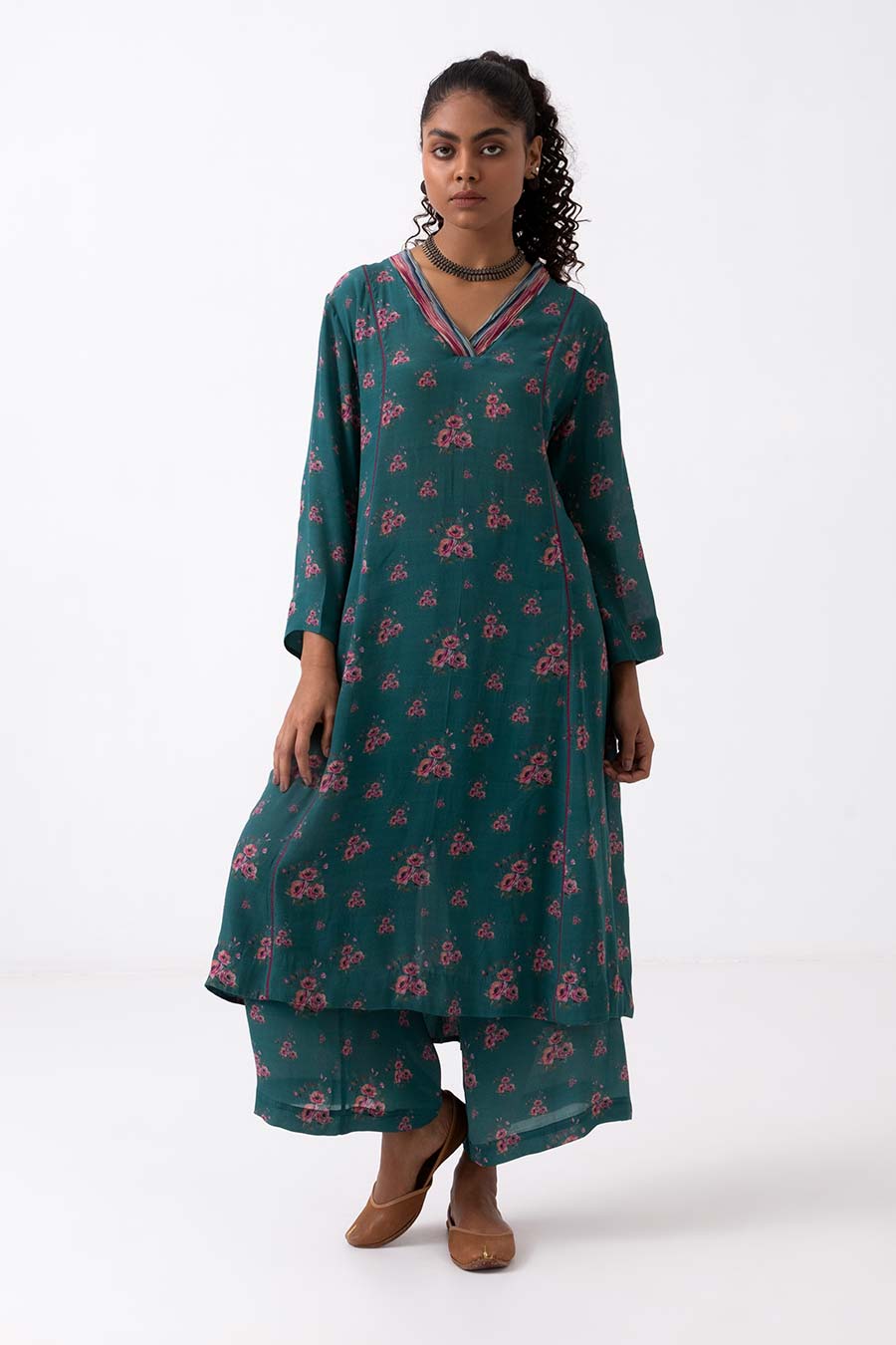 Green Floral Print Kurta Set