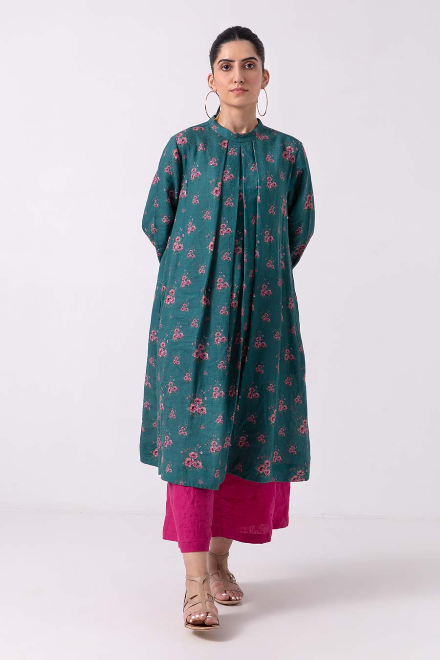 Green Floral Print Pleated Kurta Set