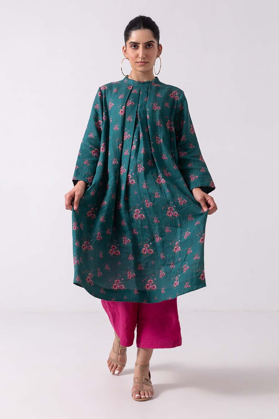 Green Floral Print Pleated Kurta Set