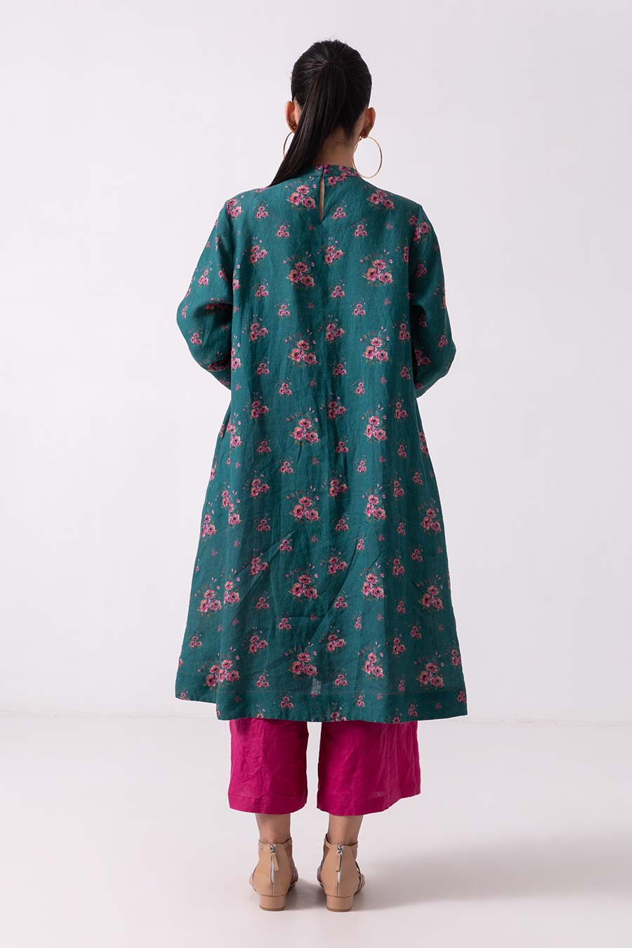 Green Floral Print Pleated Kurta Set