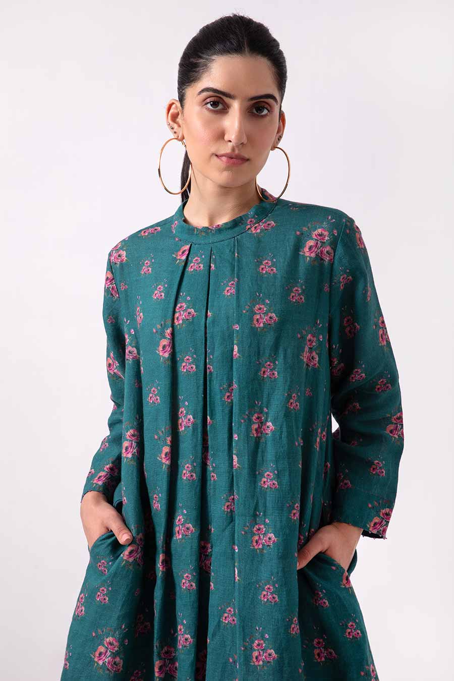 Green Floral Print Pleated Kurta Set