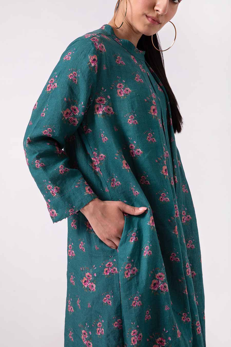 Green Floral Print Pleated Kurta Set