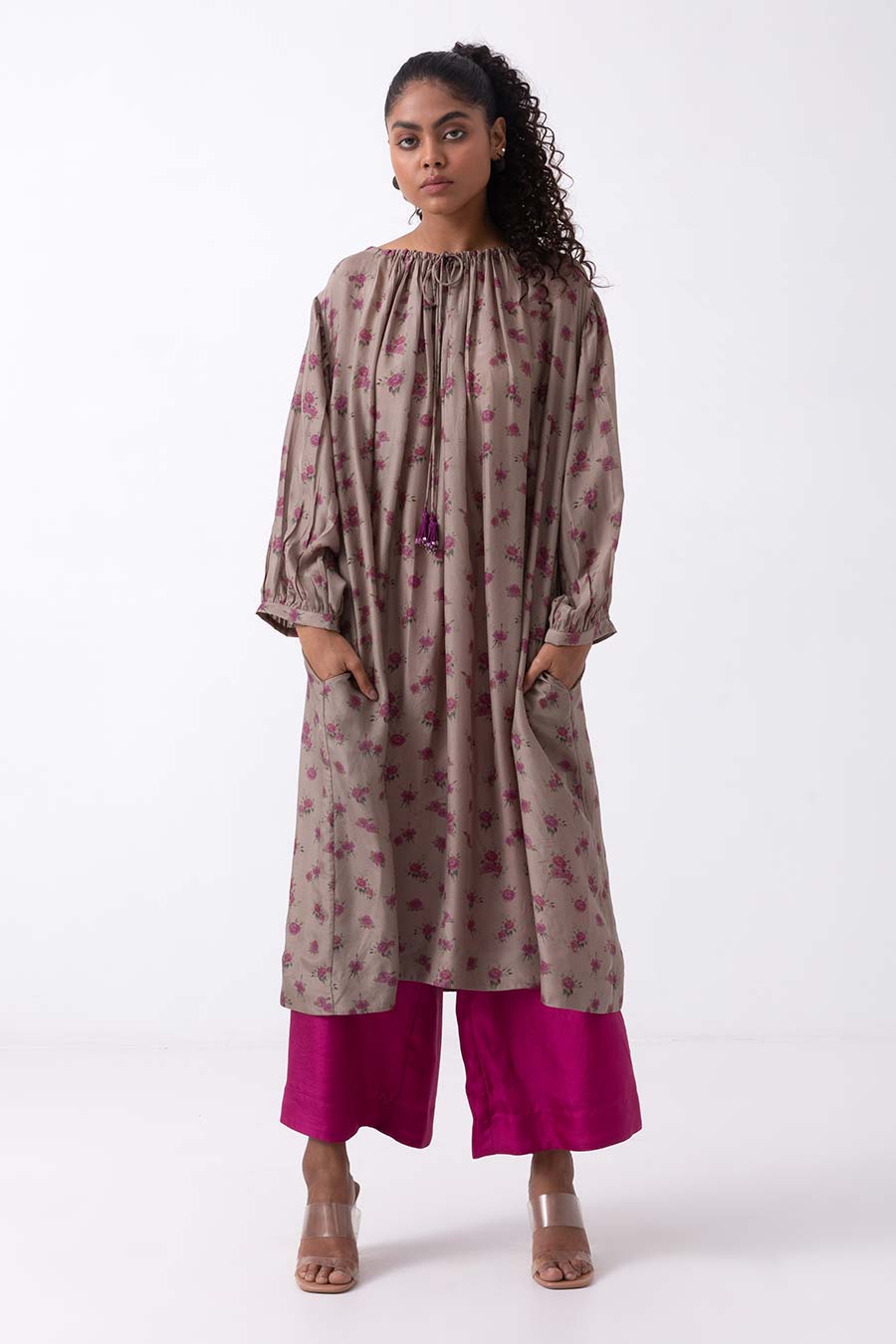 Brown Gather Detailed Kurta Set