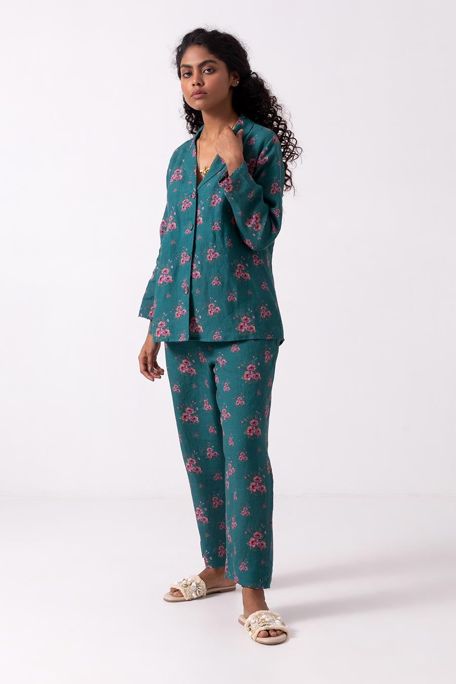 Green Floral Print Shirt & Pant Co-Ord Set