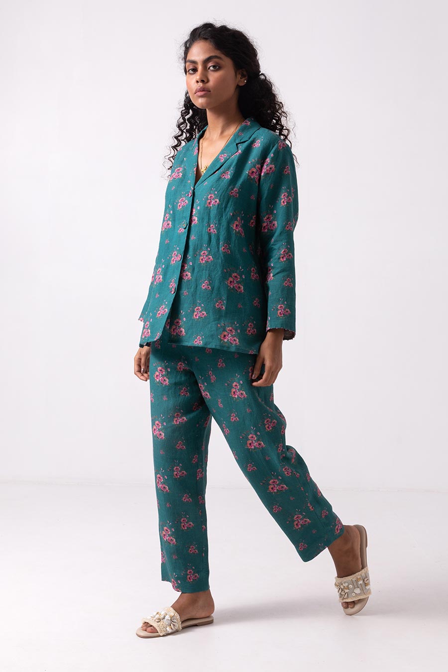 Green Floral Print Shirt & Pant Co-Ord Set