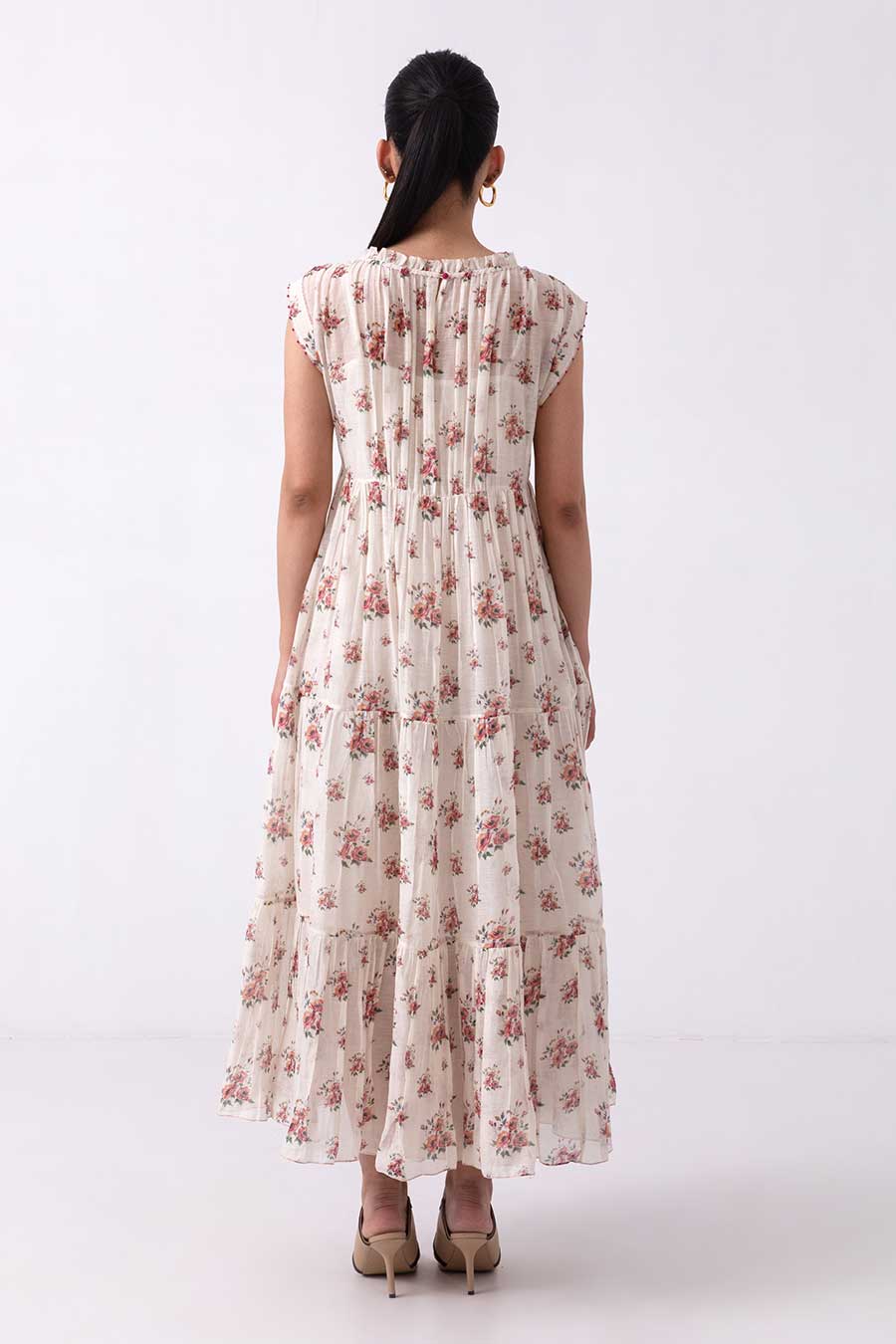Off-White Floral Printed Tier Dress