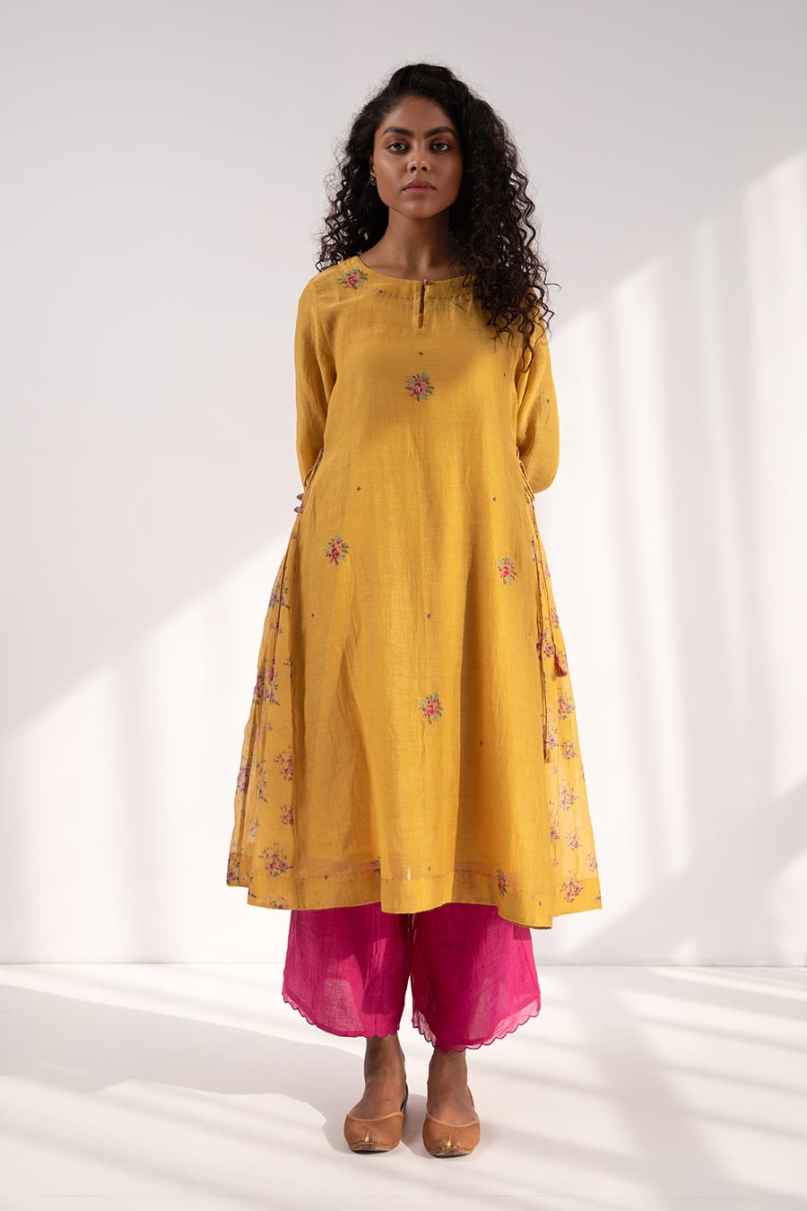 Mustard Floral Embroidered Kurta Set