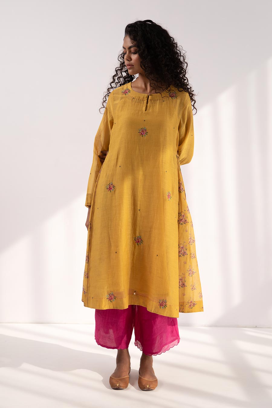 Mustard Floral Embroidered Kurta Set