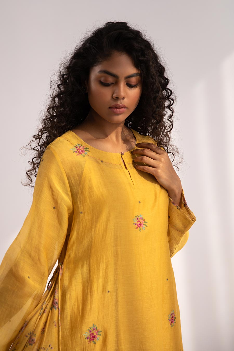 Mustard Floral Embroidered Kurta Set