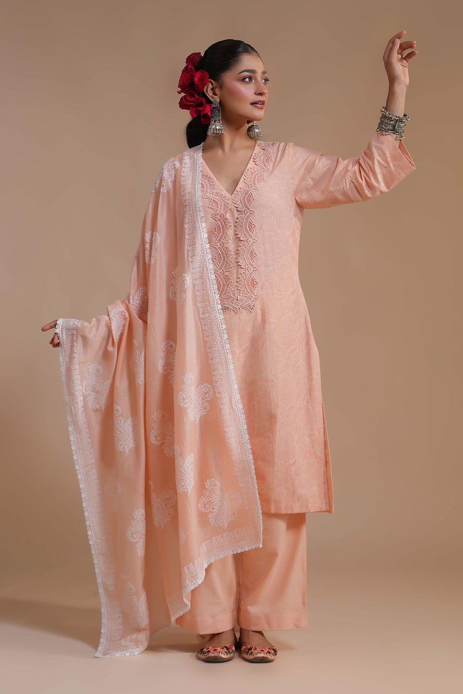 Chameli Peach Linen Embellished Kurta Set