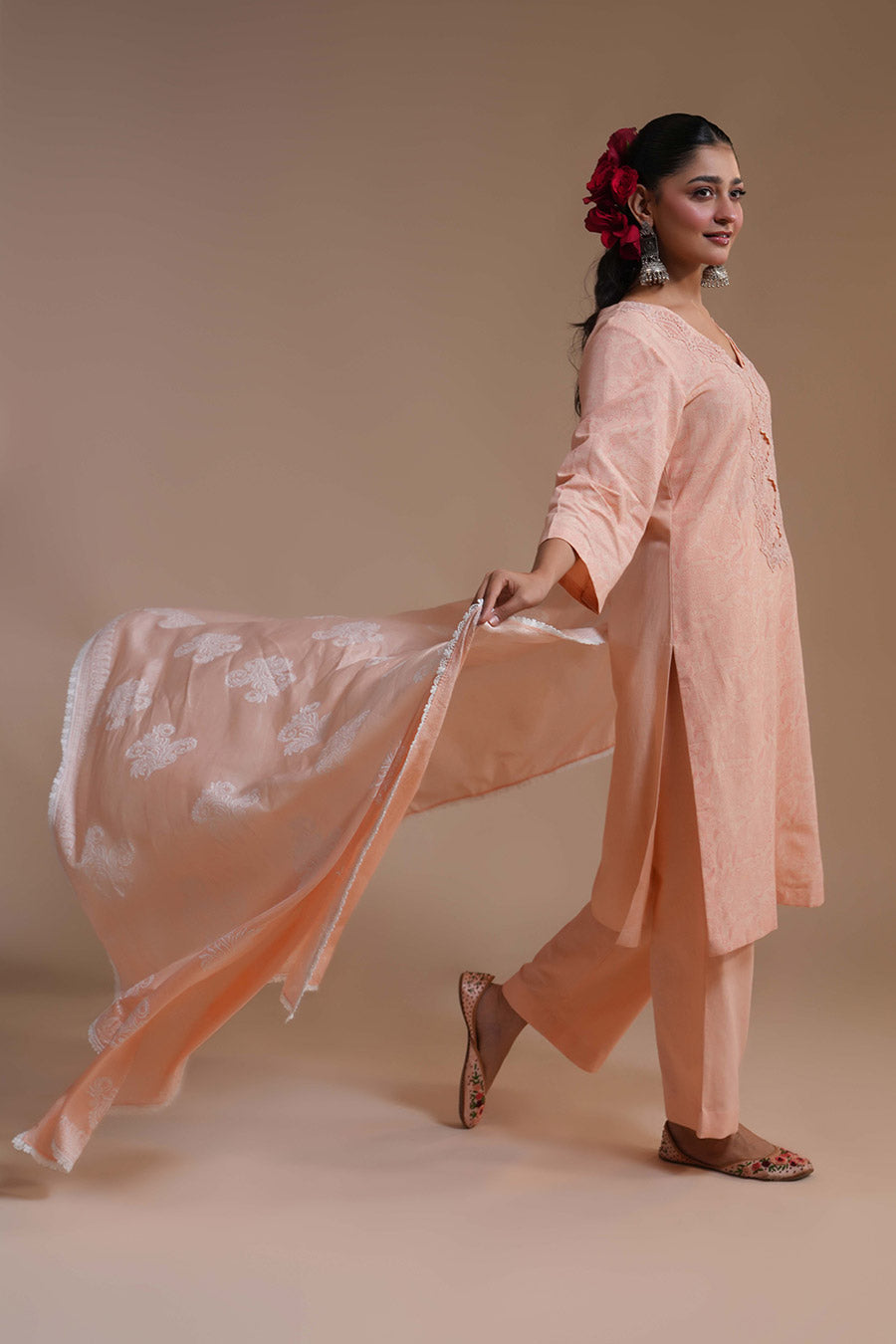 Chameli Peach Linen Embellished Kurta Set