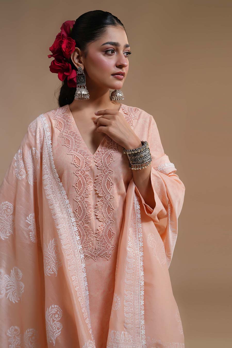 Chameli Peach Linen Embellished Kurta Set