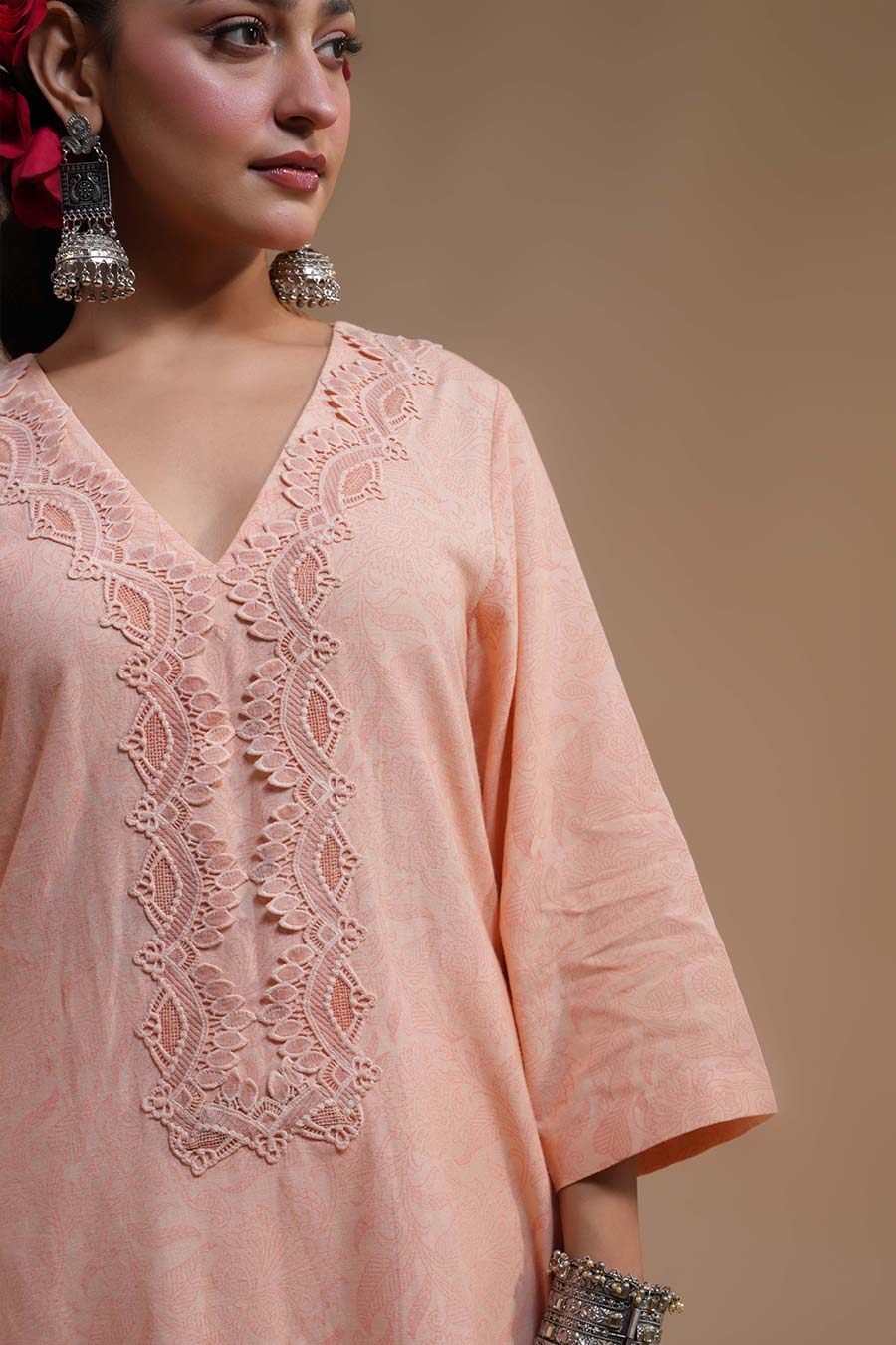 Chameli Peach Linen Embellished Kurta Set