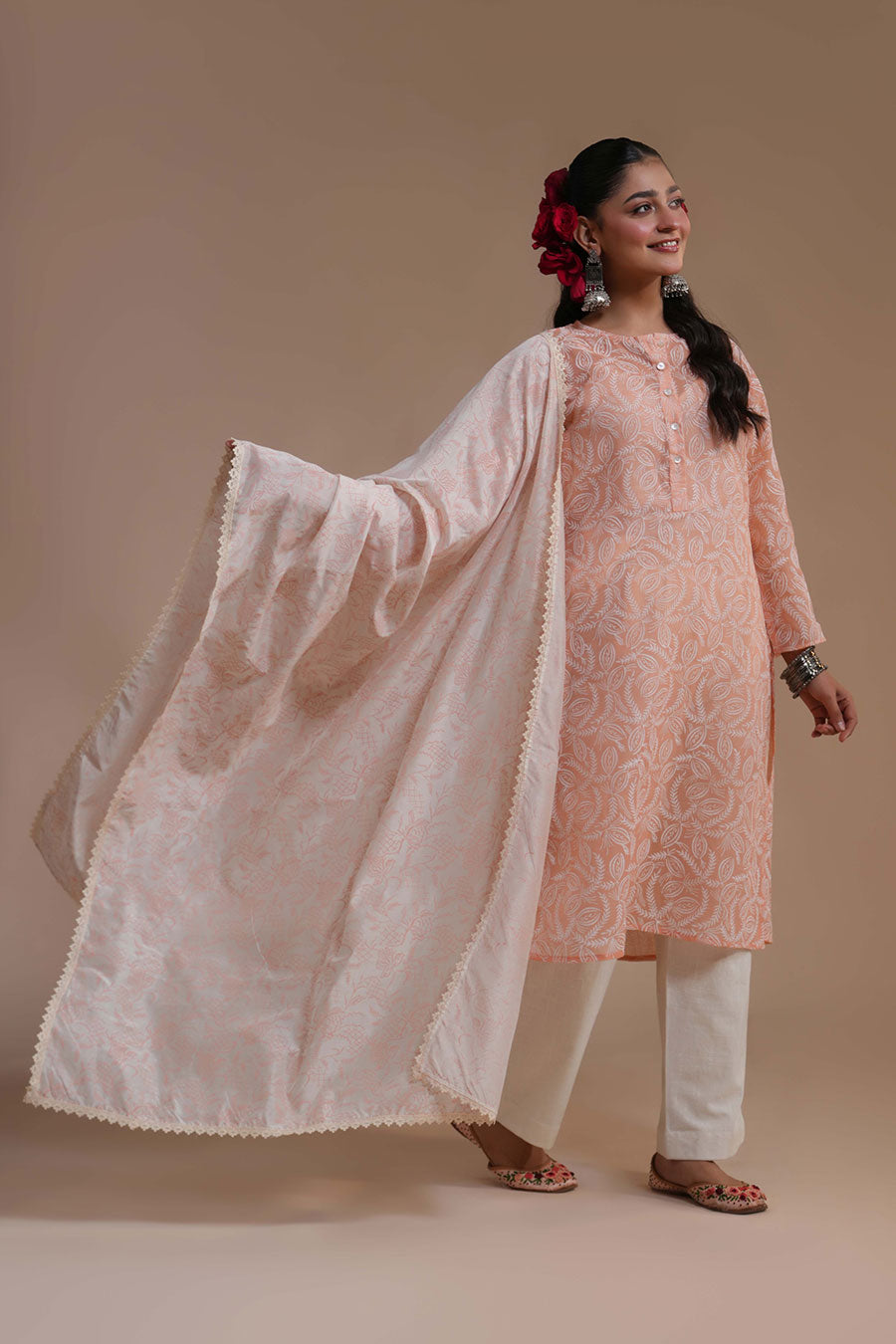 Champa Apricot Linen Block Print Kurta Set