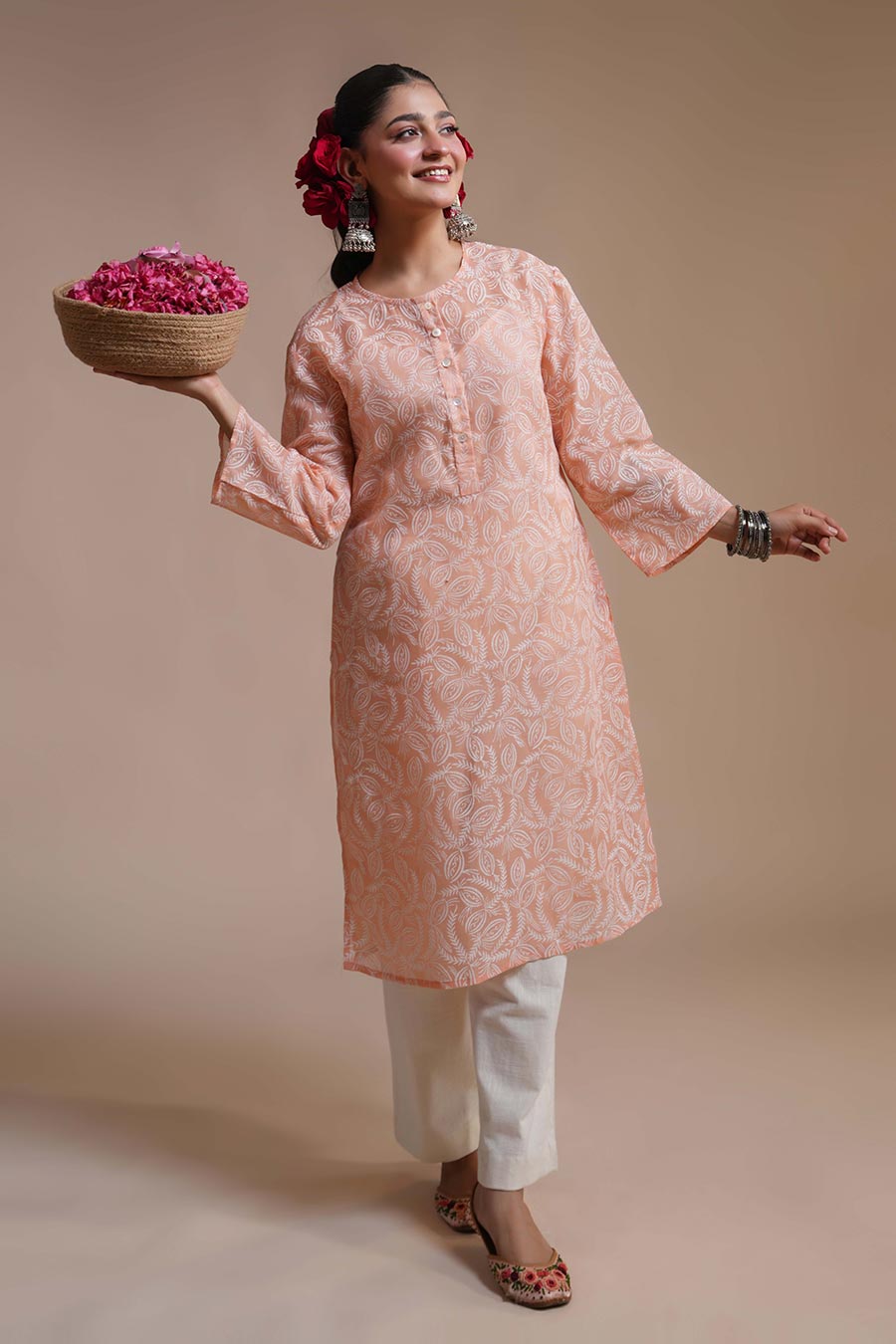 Champa Apricot Linen Block Print Kurta Set