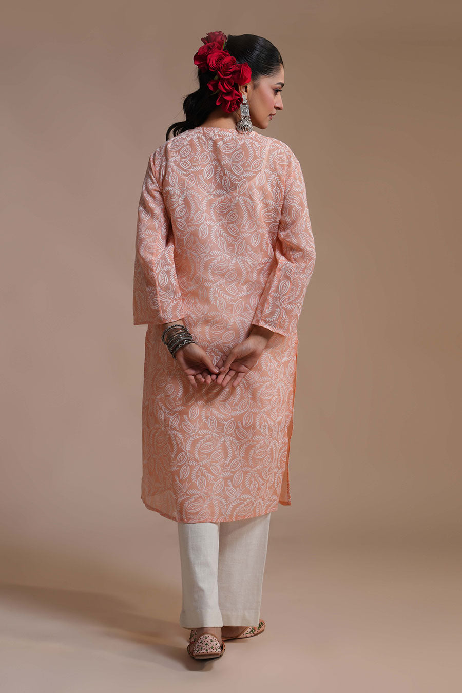 Champa Apricot Linen Block Print Kurta Set