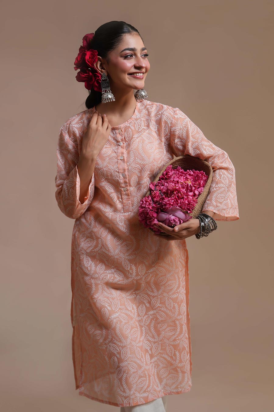 Champa Apricot Linen Block Print Kurta Set
