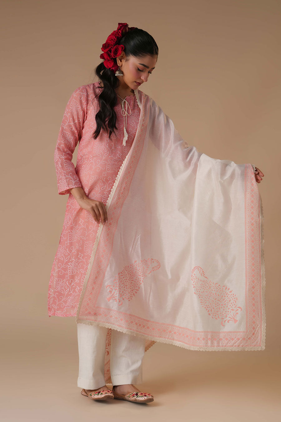 Gudhal Rose Pink Linen Block Print Kurta Set