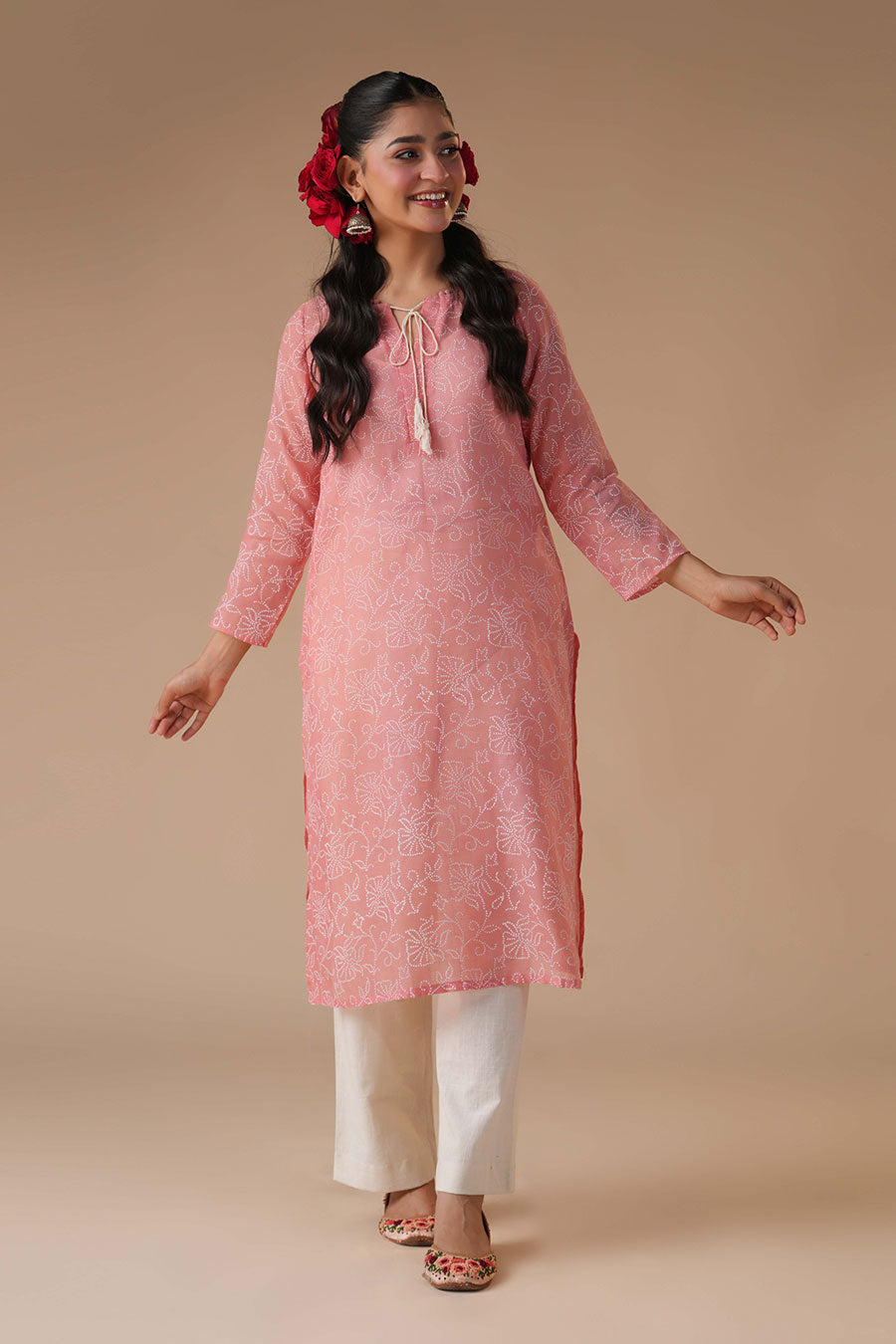 Gudhal Rose Pink Linen Block Print Kurta Set