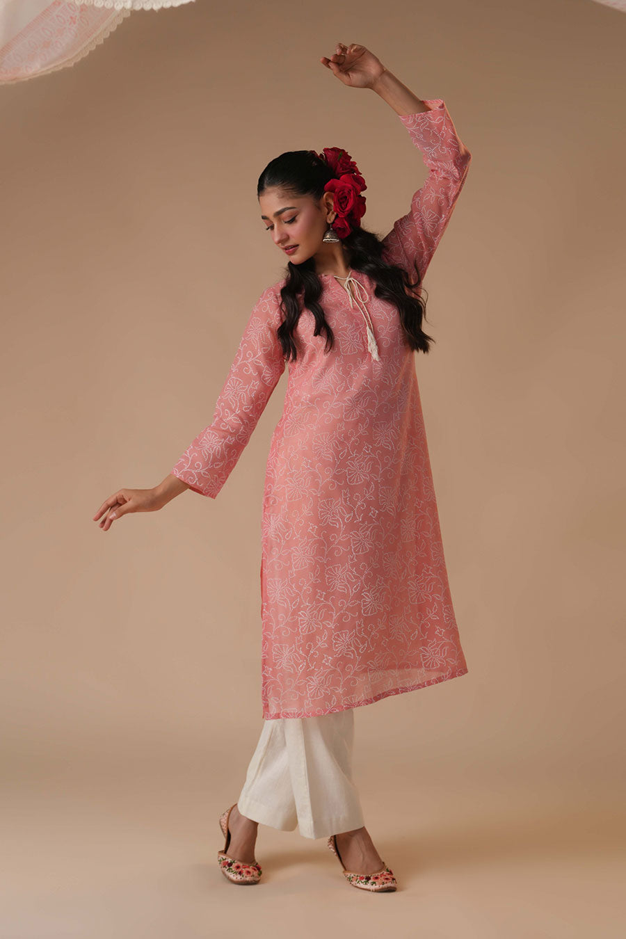 Gudhal Rose Pink Linen Block Print Kurta Set