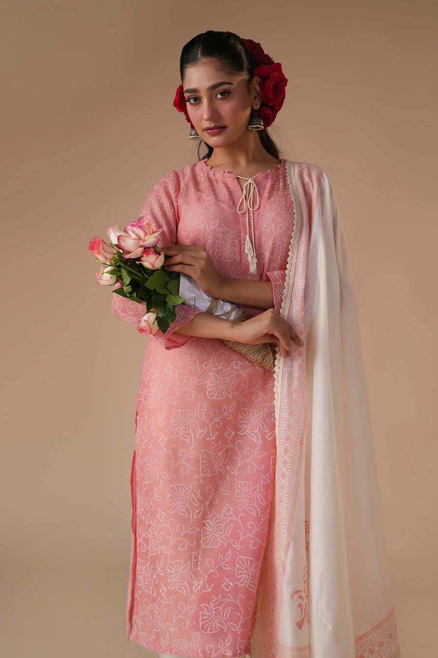 Gudhal Rose Pink Linen Block Print Kurta Set