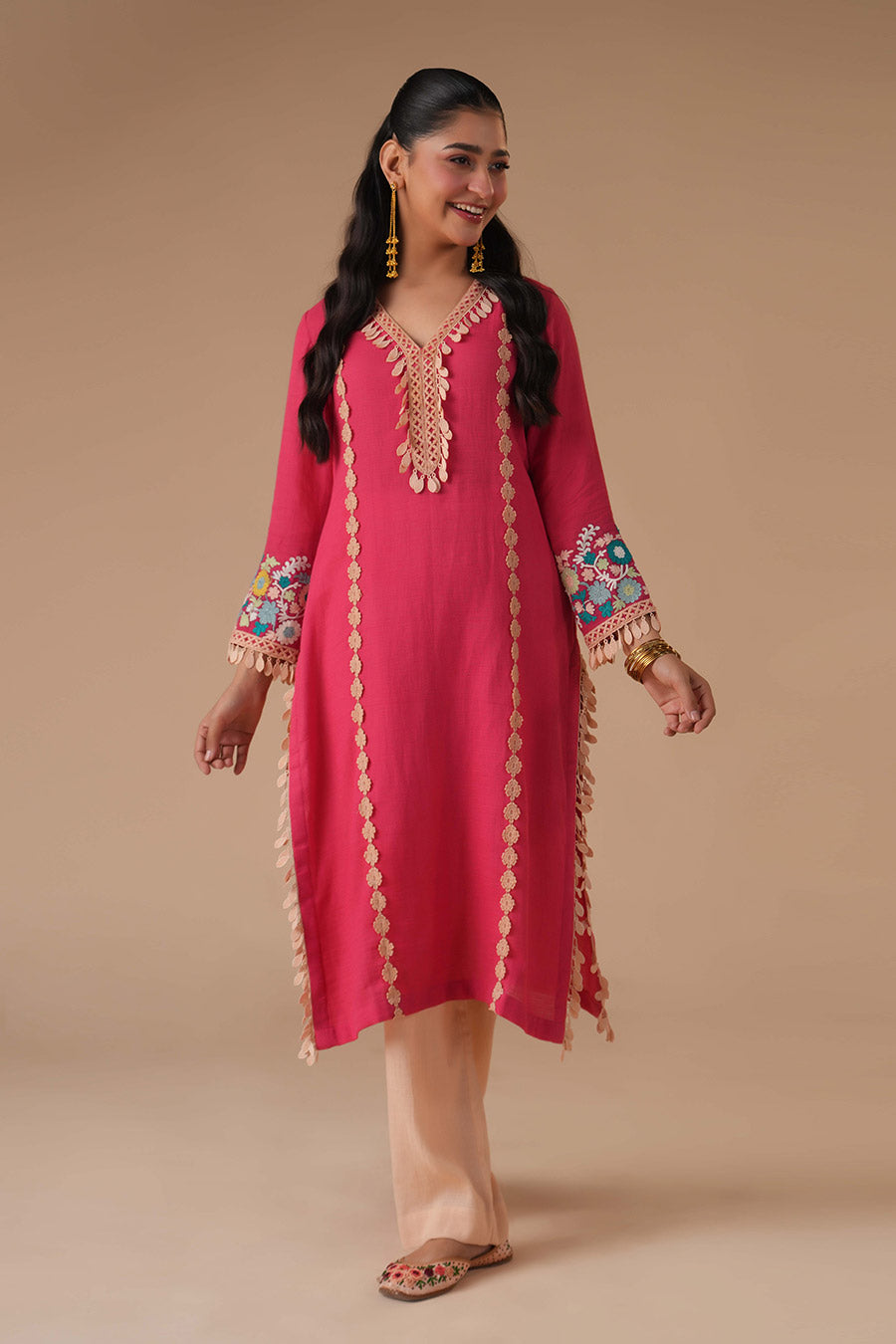 Chandni Rose Pink Cotton Embroidered Kurta Set