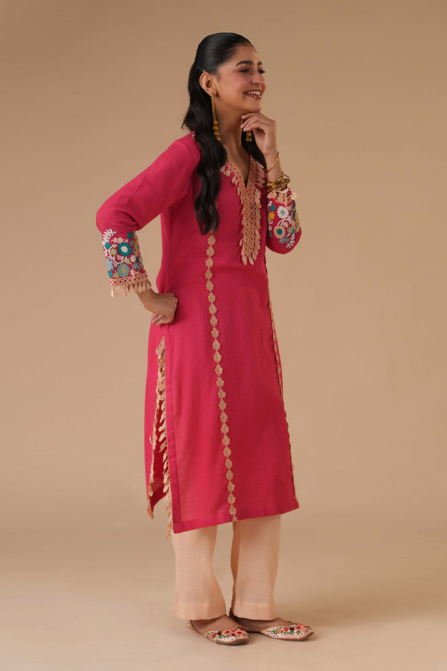 Chandni Rose Pink Cotton Embroidered Kurta Set