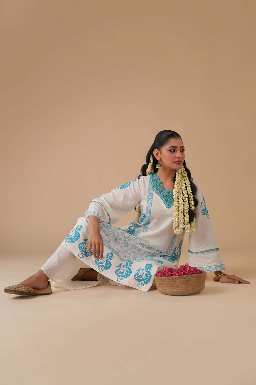 Mogra White Cotton Block Print Kurta Set