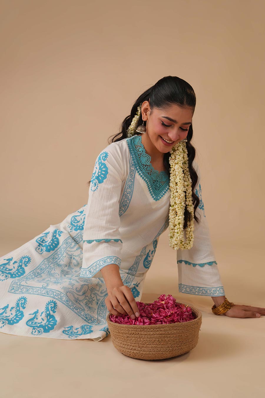 Mogra White Cotton Block Print Kurta Set