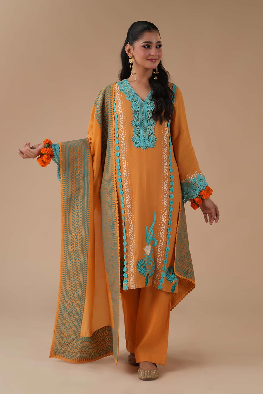 Surajmukhi Mustard Cotton Embroidered Kurta Set