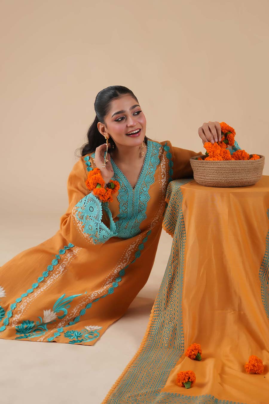 Surajmukhi Mustard Cotton Embroidered Kurta Set