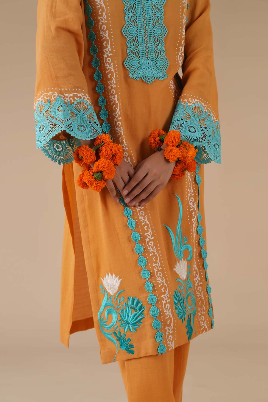 Surajmukhi Mustard Cotton Embroidered Kurta Set