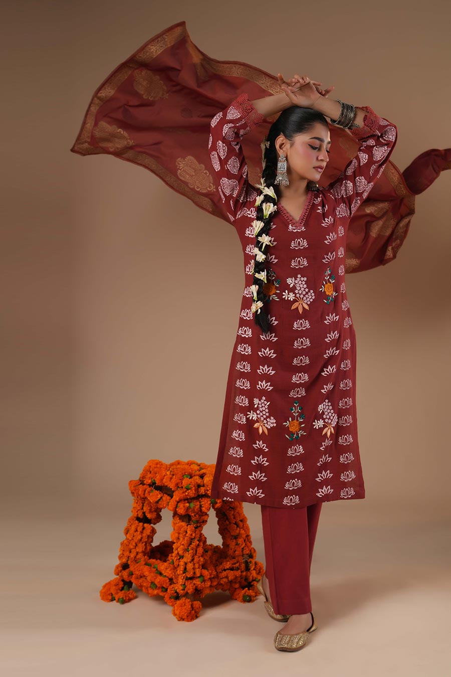 Gulbahar Maroon Cotton Embroidered Kurta Set