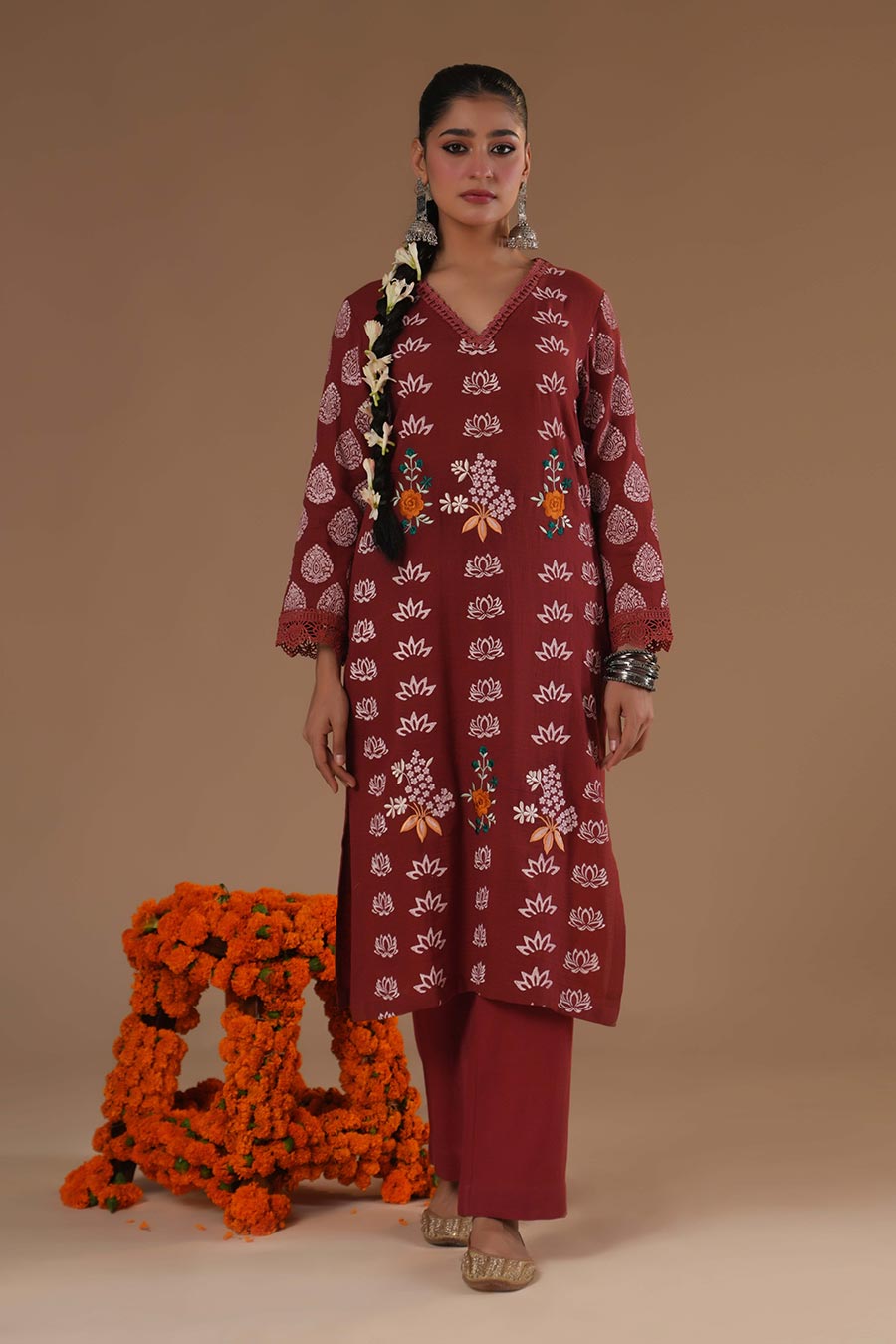 Gulbahar Maroon Cotton Embroidered Kurta Set