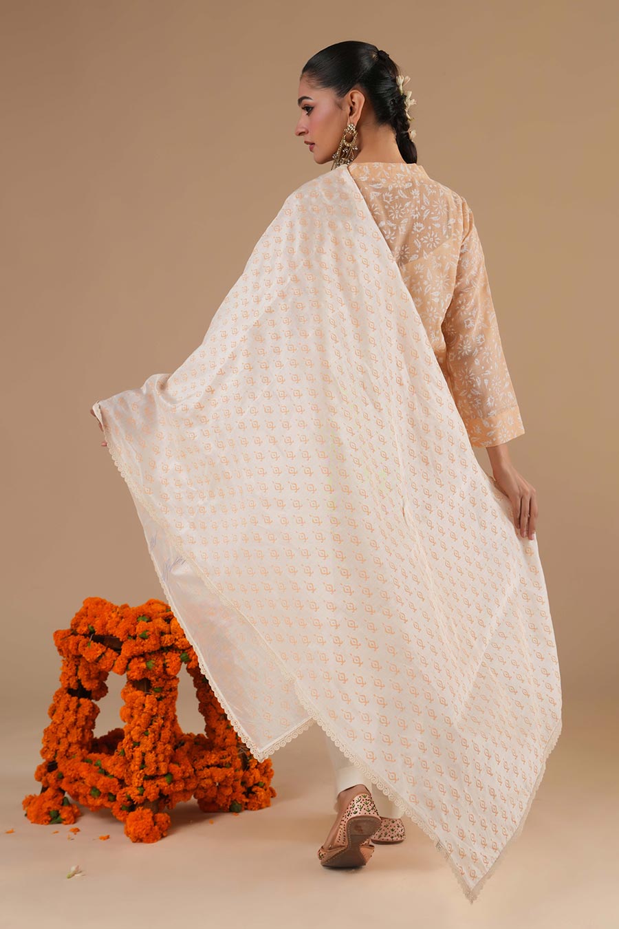Kesar Peach Linen Block Print Kurta Set
