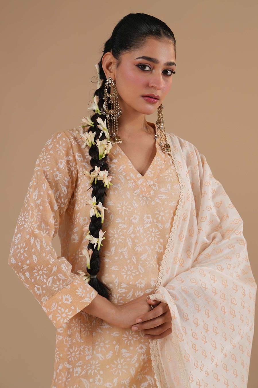 Kesar Peach Linen Block Print Kurta Set
