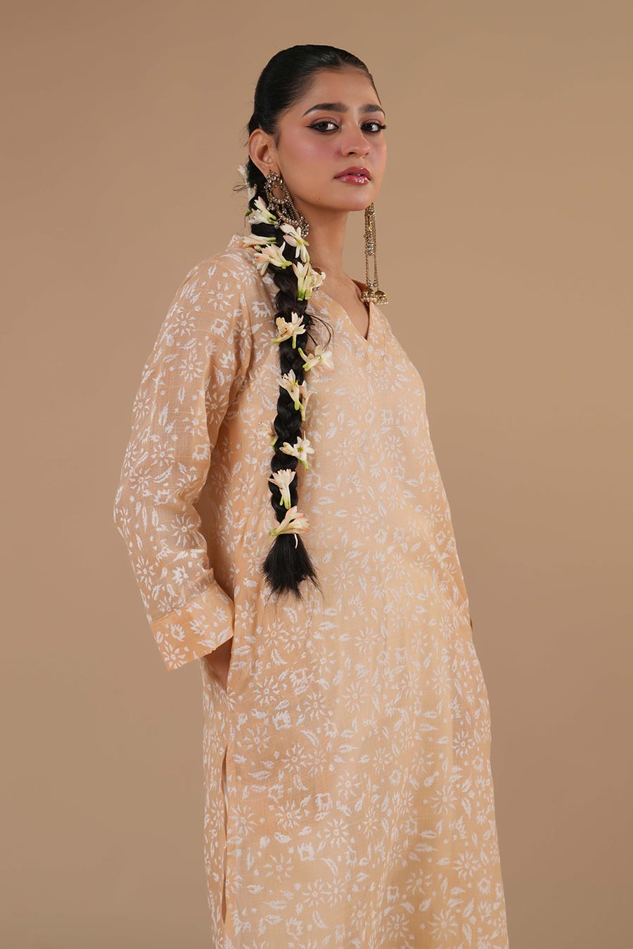 Kesar Peach Linen Block Print Kurta Set