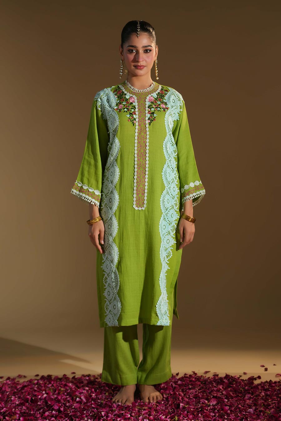 Tulip Green Cotton Embroidered Kurta Set
