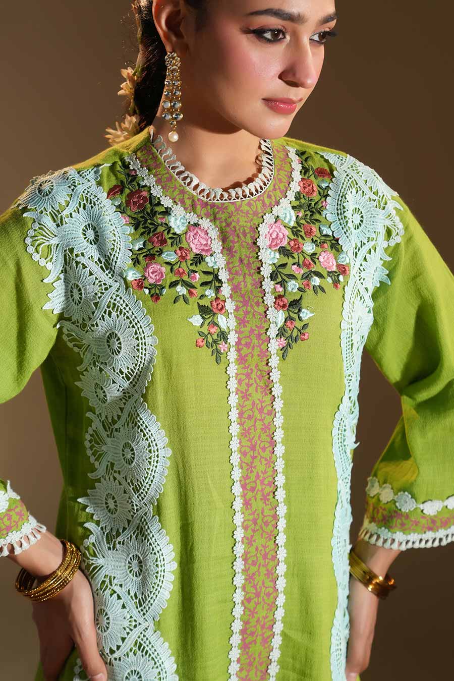Tulip Green Cotton Embroidered Kurta Set