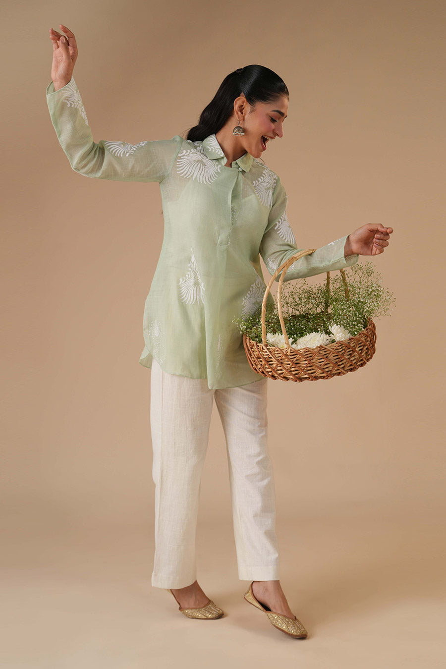 Bela Sage Green Linen Block Print Co-Ord Set