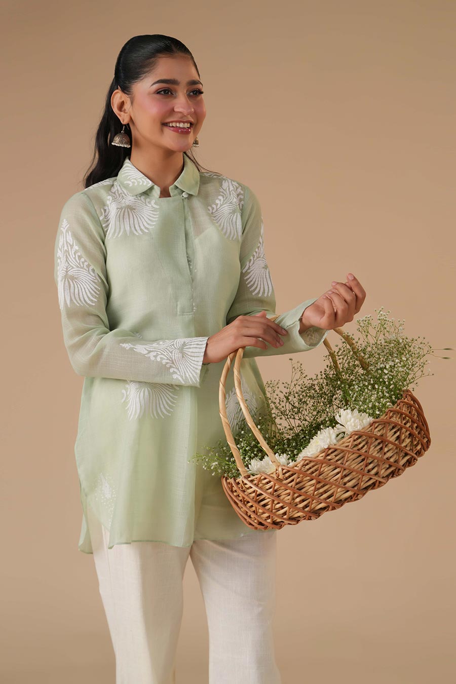 Bela Sage Green Linen Block Print Co-Ord Set